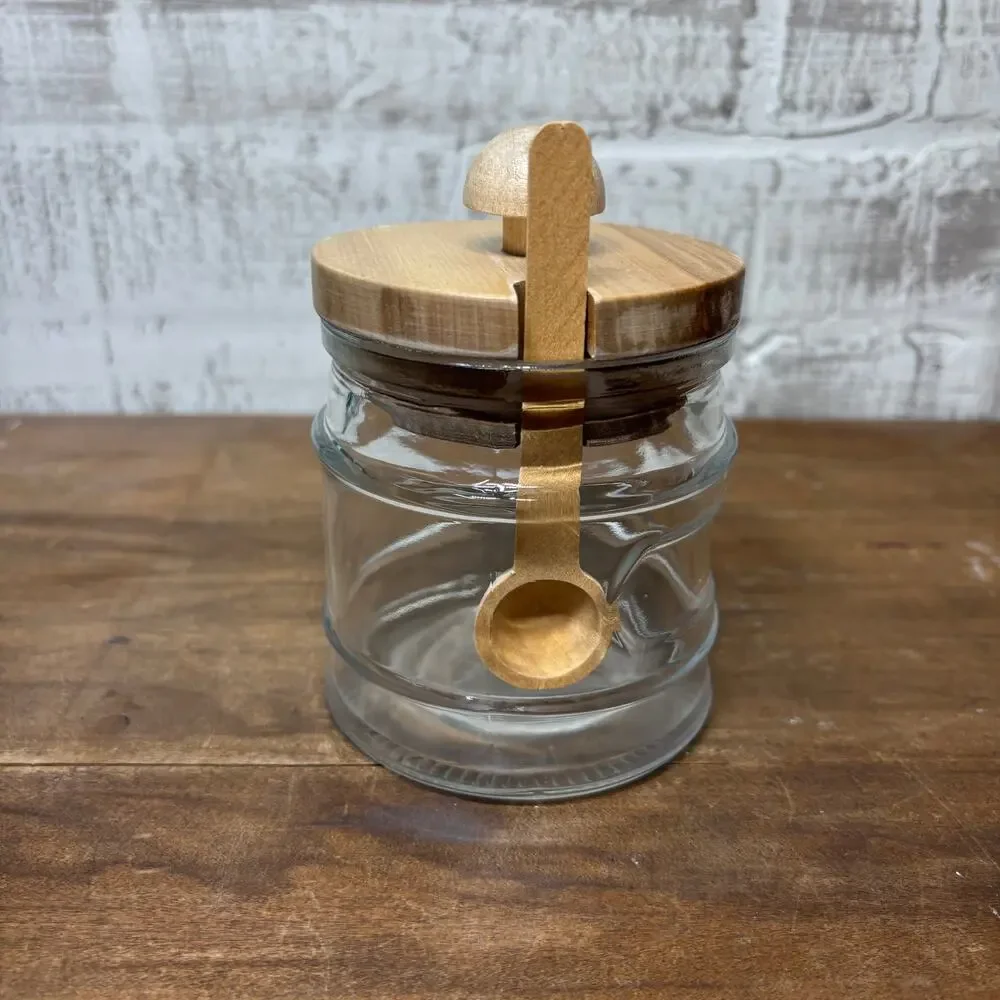 Glass Sugar or Honey Jar with Wood Lid and Spoon